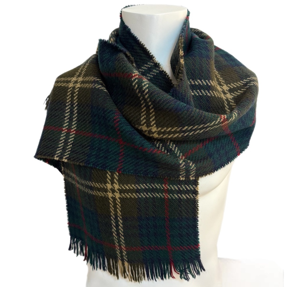Eddie Bauer 100% Wool Tartan Scarf – Green, Navy & Red Plaid, Made in Uruguay